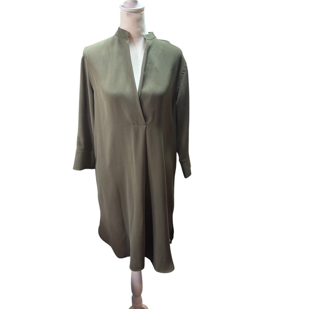 Prologue Olive Green Split Neck Tunic Shift Dress Small 3/4 Sleeve Crepe #950